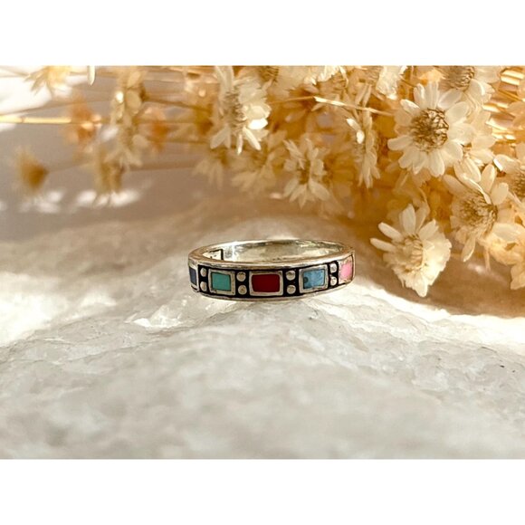 Mexican Inspired Multi Gemstone Square 925 Sterling Silver Vintage Ring - sz 6 - Picture 7 of 10